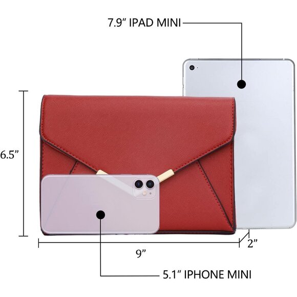 ⚡ Women's Red Leather Elegant Snap Closure Envelope Foldover Clutch Bag - Picture 6 of 7